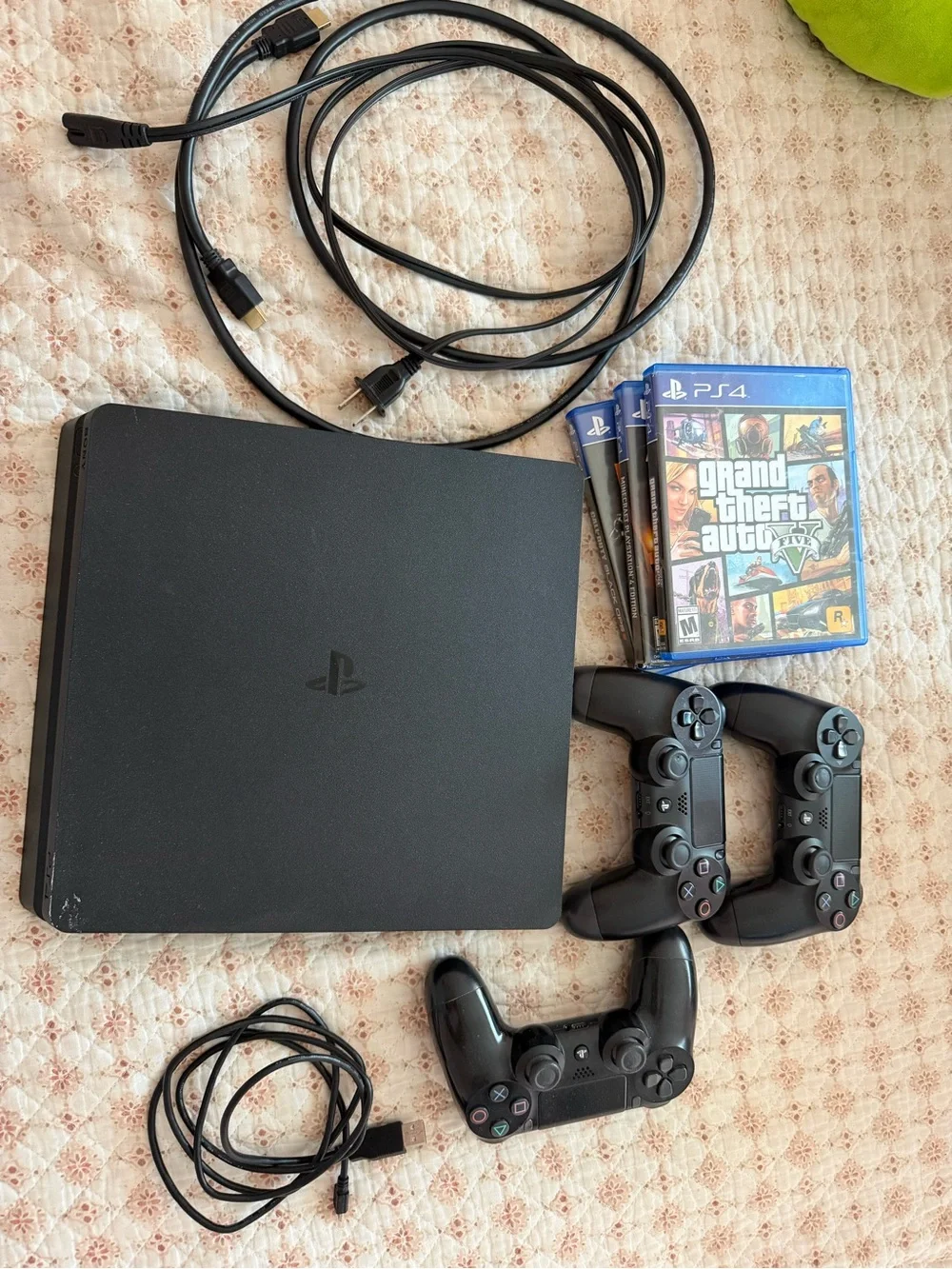 Sony PS4 Slim Black Console Bundle with Controllers and Games